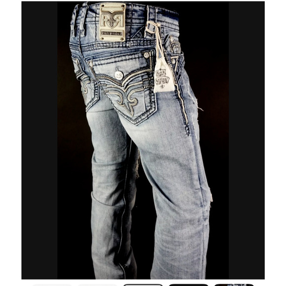 Rock Revival Fermin Jeans Mens 34x31 Blue Denin Distressed Leather Patch Stitch - Picture 4 of 16